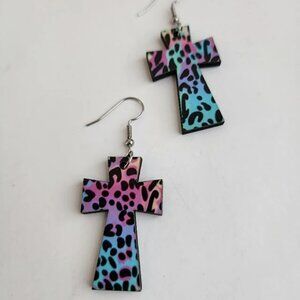 Leopard Print Wood Cross Dangle Drop Casual Earrings